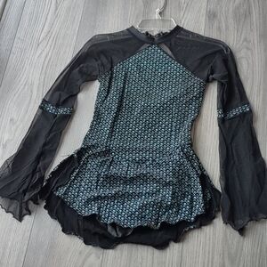 Small Adult Figure Skating Black & Teal Patterned Long-Sleeve Mini Dress